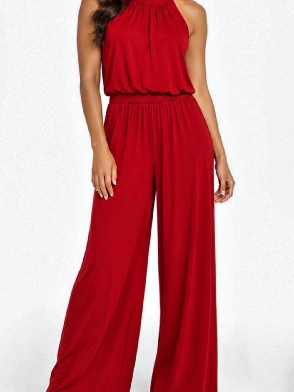 New York & Company Halter Wide Leg Jumpsuit Red